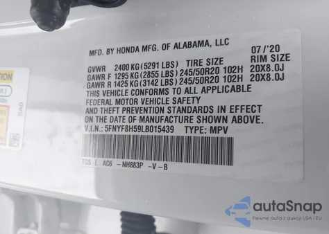 2020 Honda Passport Awd Ex-L z USA, uszkodzony, nr VIN 5FNYF8H59LB015439